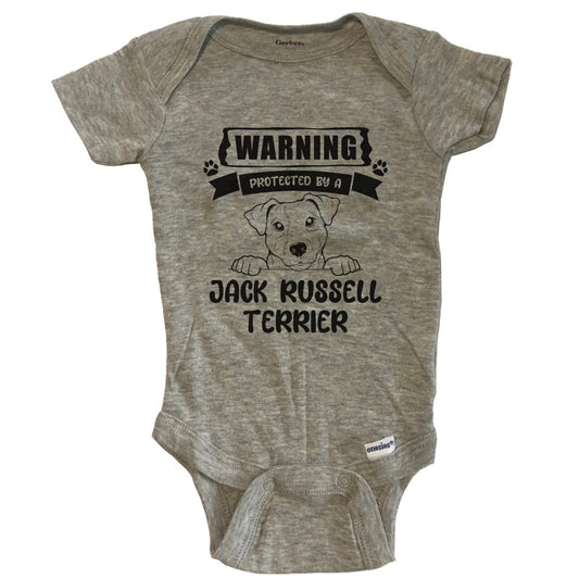 Warning Protected By A Jack Russell Terrier Funny Cute Dog Breed Baby Bodysuit - Grey