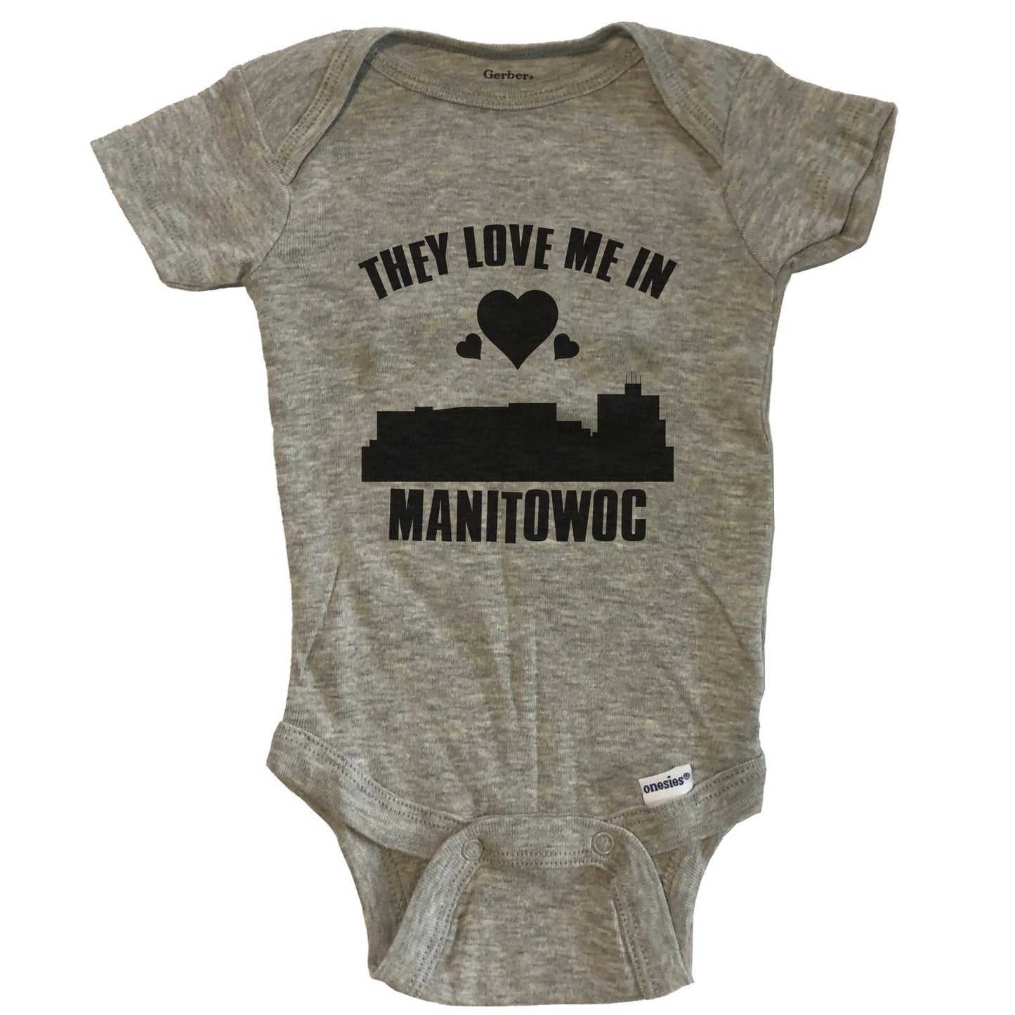 They Love Me In Manitowoc Wisconsin Hearts Skyline One Piece Baby Bodysuit - Grey