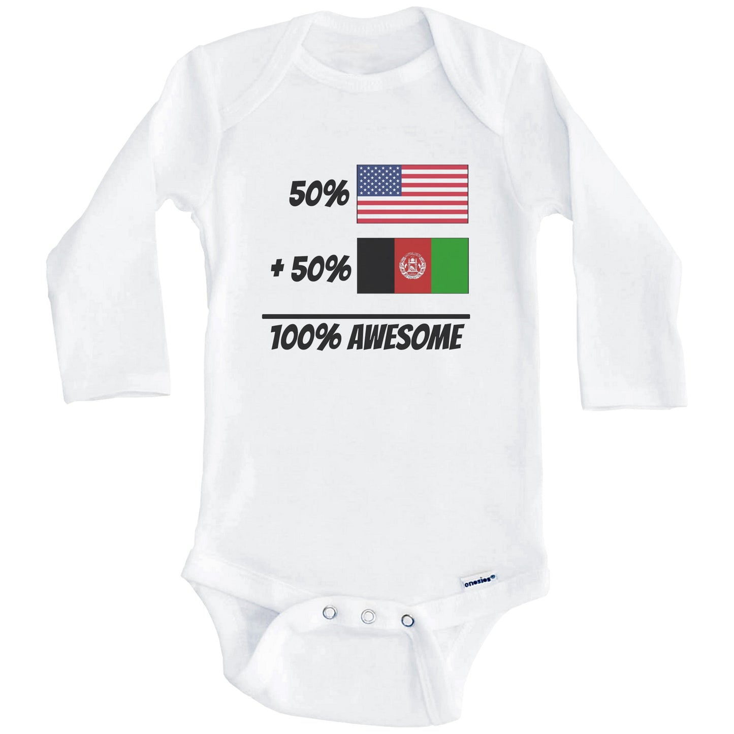50% American Plus 50% Afghan Equals 100% Awesome Cute Afghanistan Flag Baby Onesie (Long Sleeves)