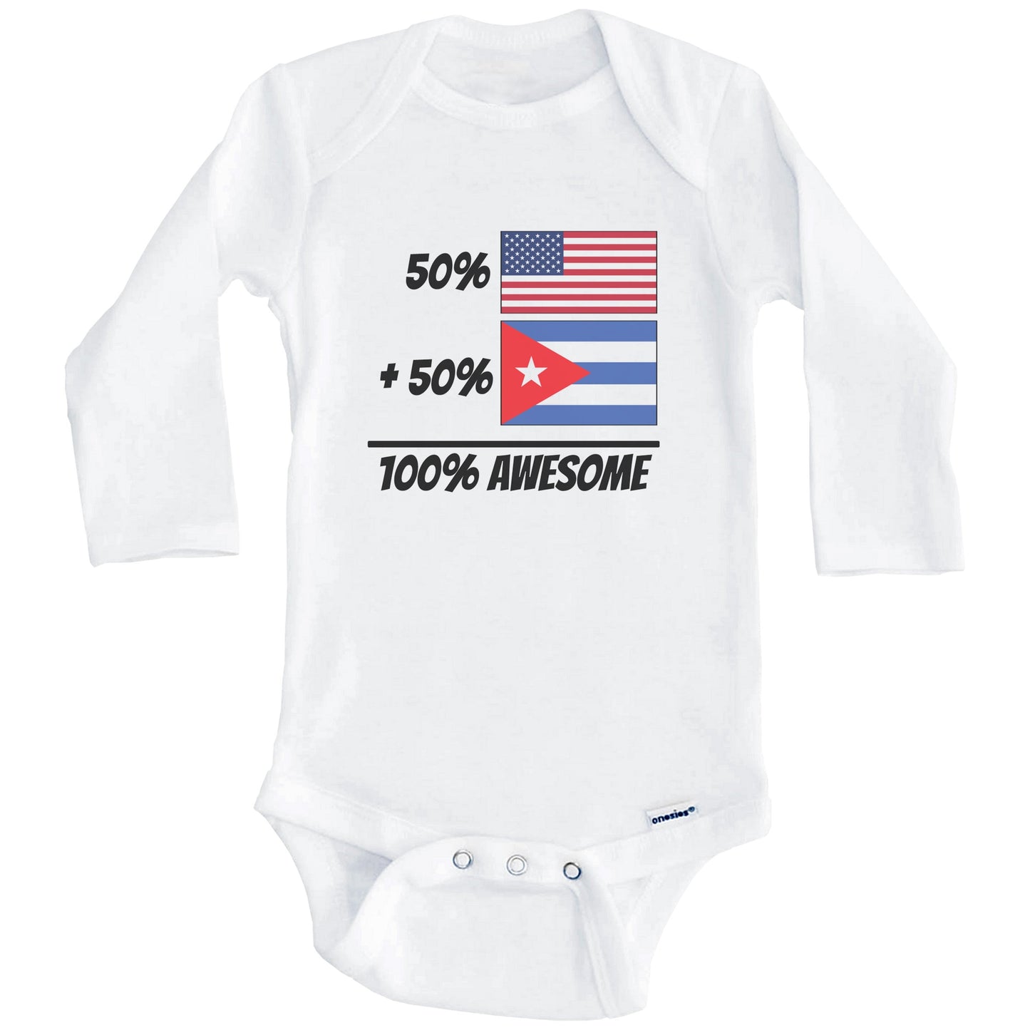50% American Plus 50% Cuban Equals 100% Awesome Cute Cuba Flag Baby Onesie (Long Sleeves)