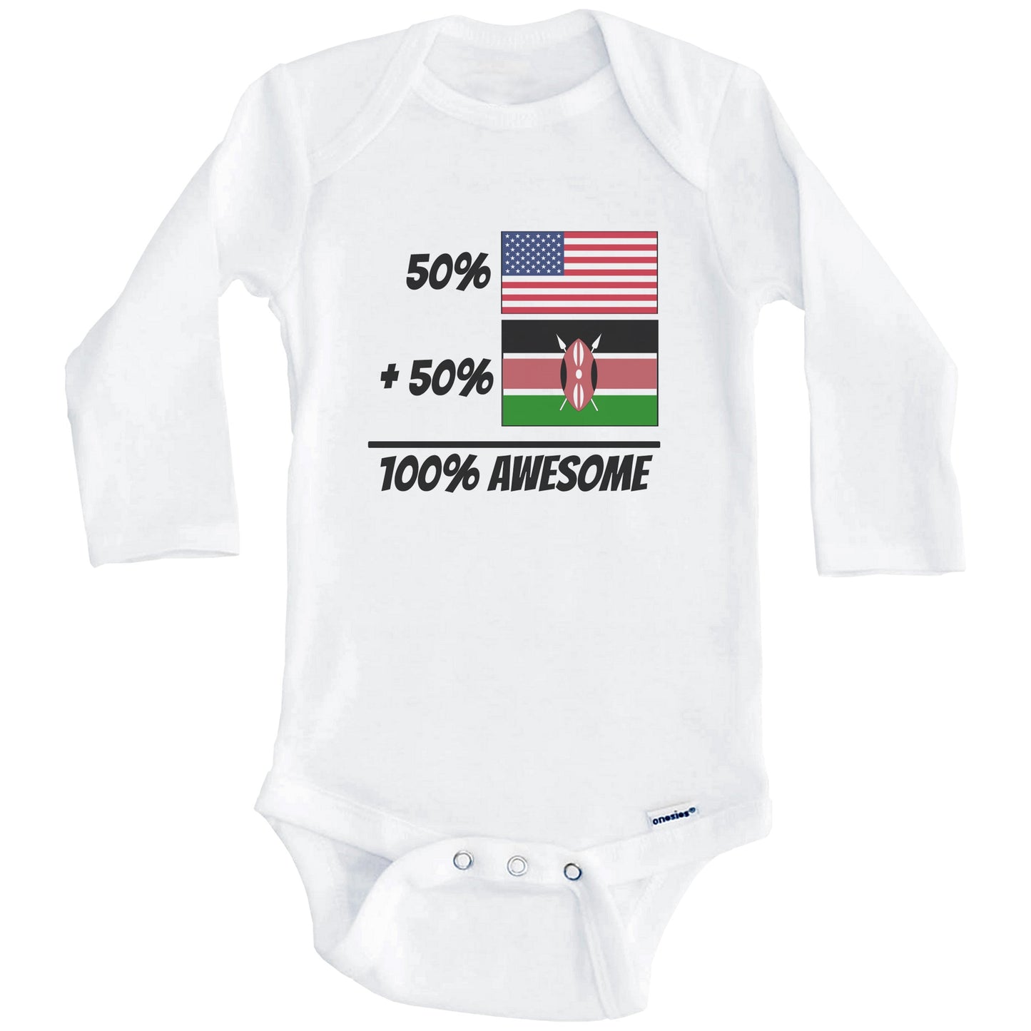 50% American Plus 50% Kenyan Equals 100% Awesome Cute Kenya Flag Baby Onesie (Long Sleeves)