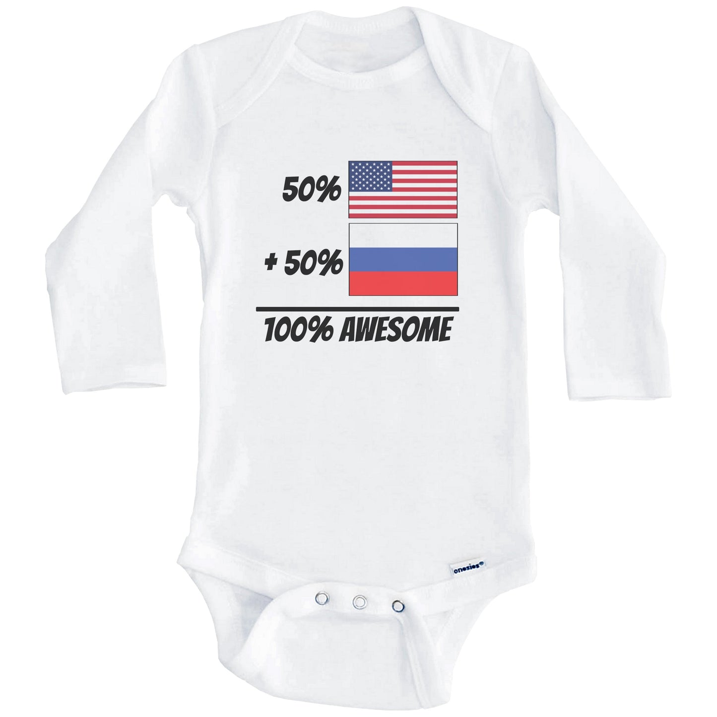 50% American Plus 50% Russian Equals 100% Awesome Cute Russia Flag Baby Onesie (Long Sleeves)