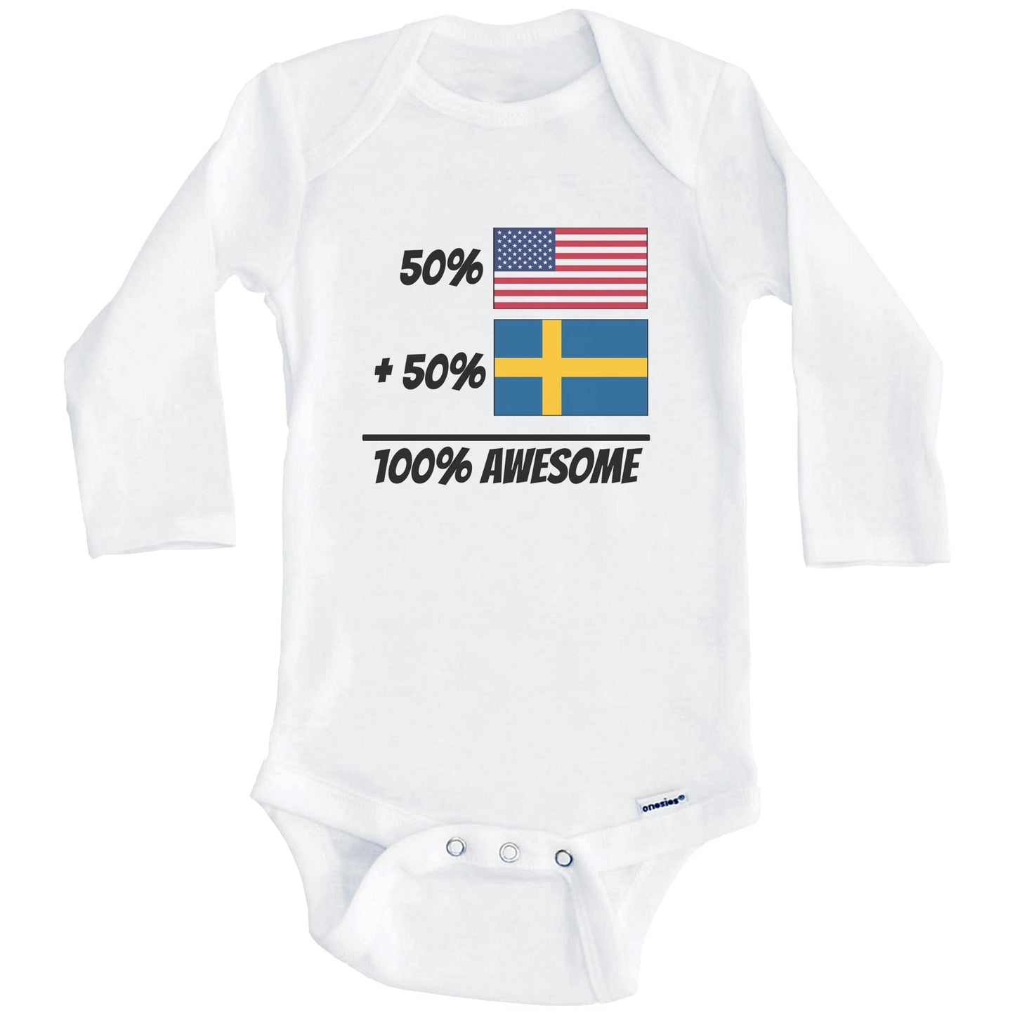 50% American Plus 50% Swedish Equals 100% Awesome Cute Sweden Flag Baby Onesie (Long Sleeves)
