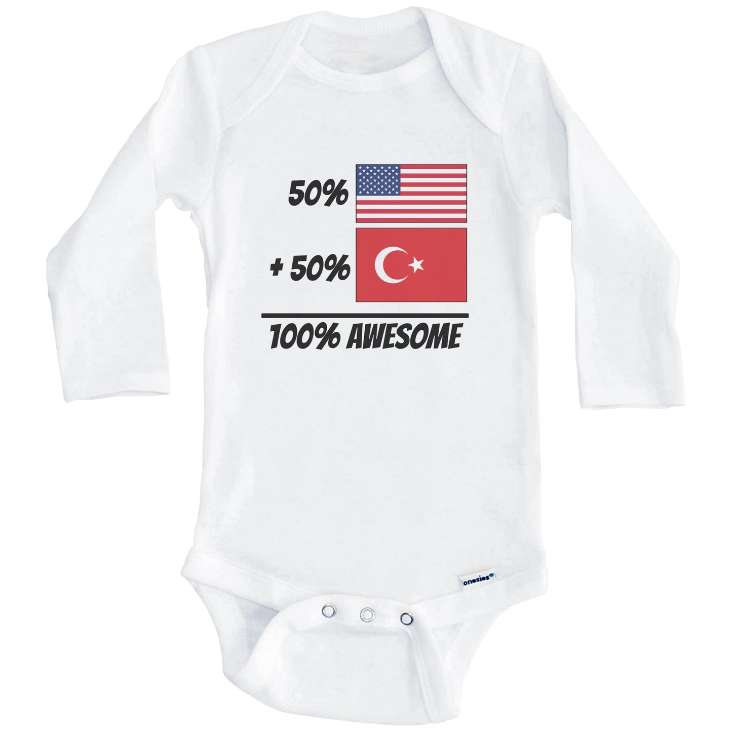 50% American Plus 50% Turkish Equals 100% Awesome Cute Turkey Flag Baby Onesie (Long Sleeves)