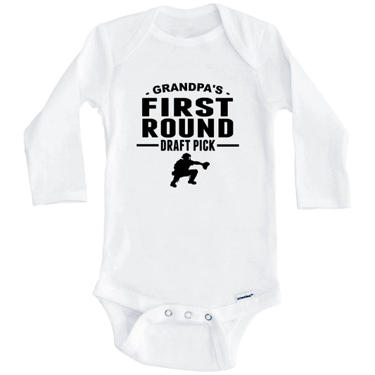 Baseball Onesie - Grandpa's First Round Draft Pick Catcher First Grandchild Baby Onesie (Long Sleeves)