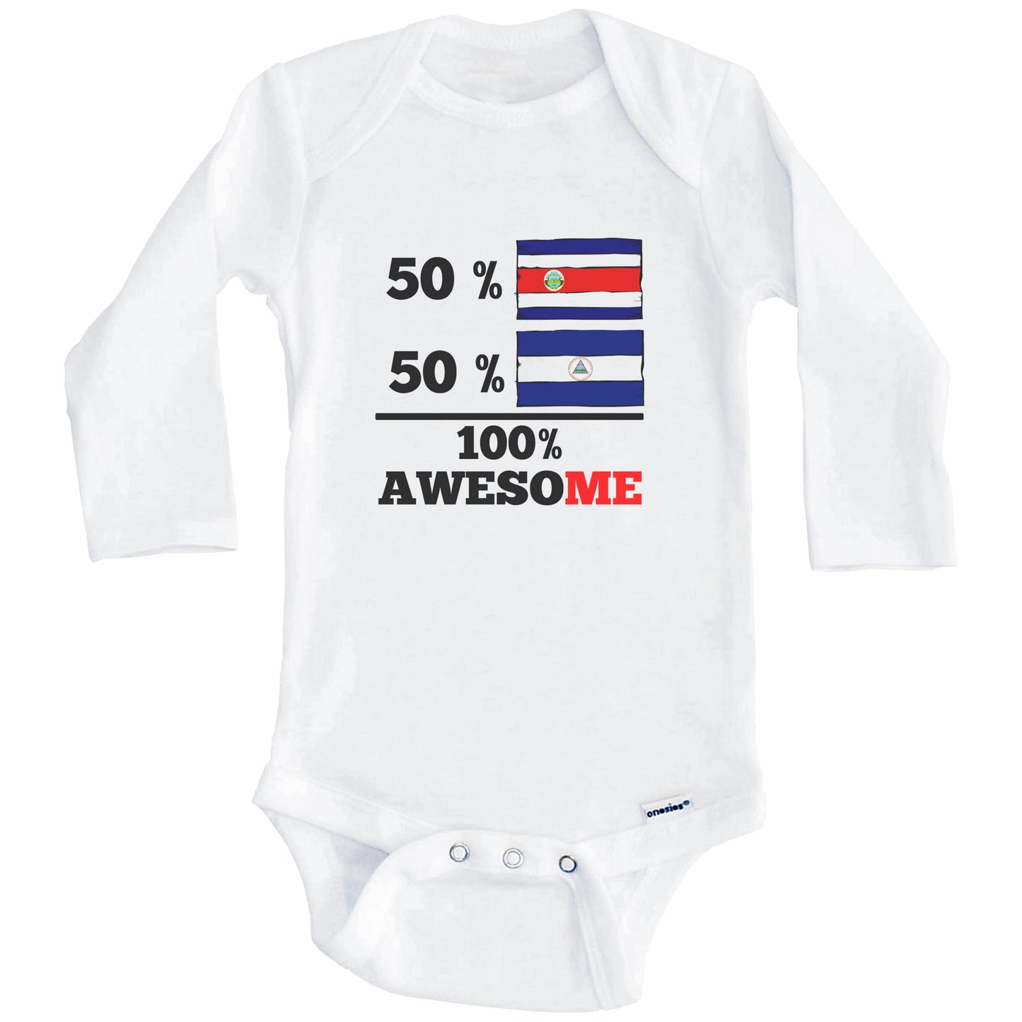 50% Costa Rican 50% Nicaraguan 100% Awesome Costa Rica Nicaragua Flags Funny One Piece Baby Bodysuit (Long Sleeves)