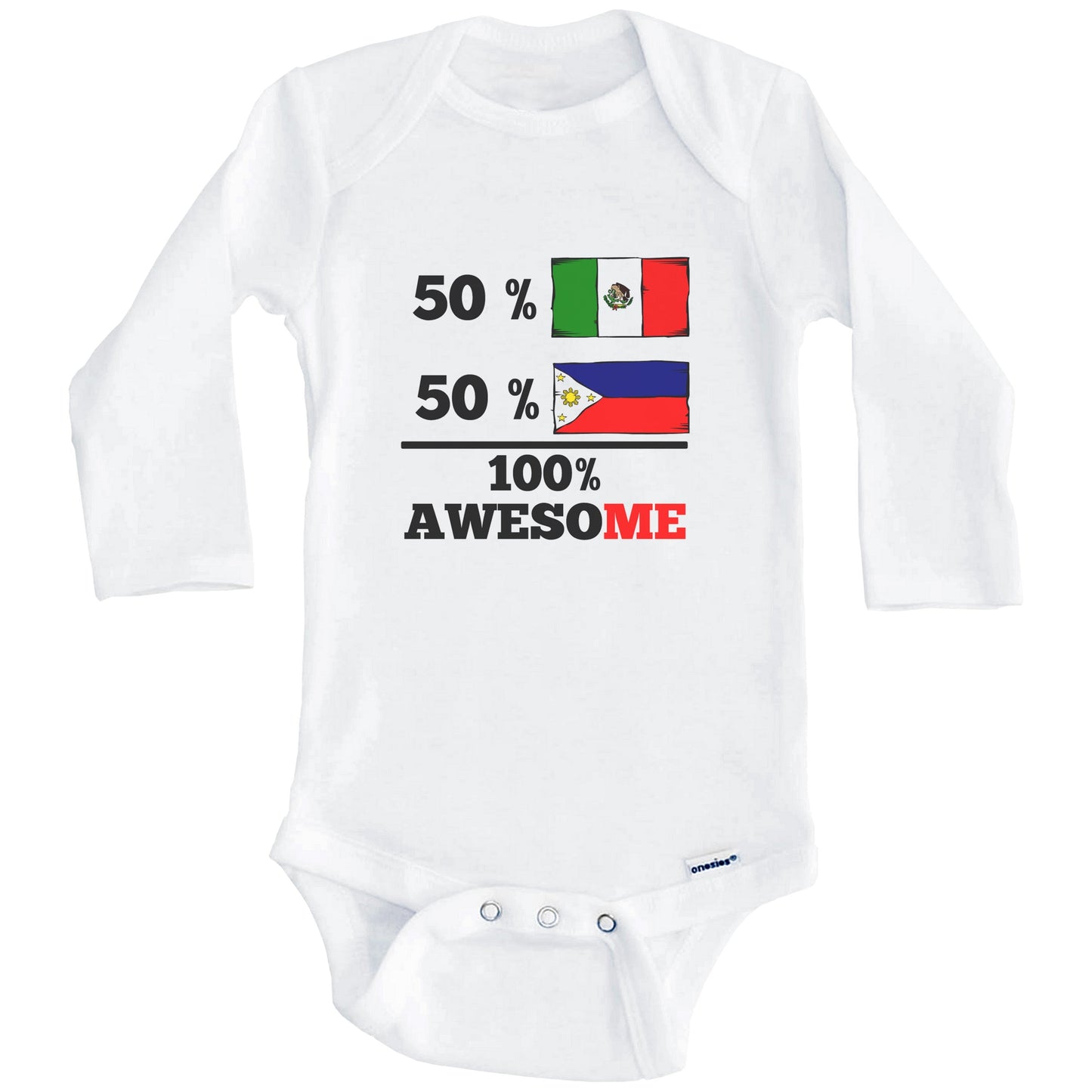50% Mexican 50% Filipino 100% Awesome Mexico Philippines Flags Funny One Piece Baby Bodysuit (Long Sleeves)