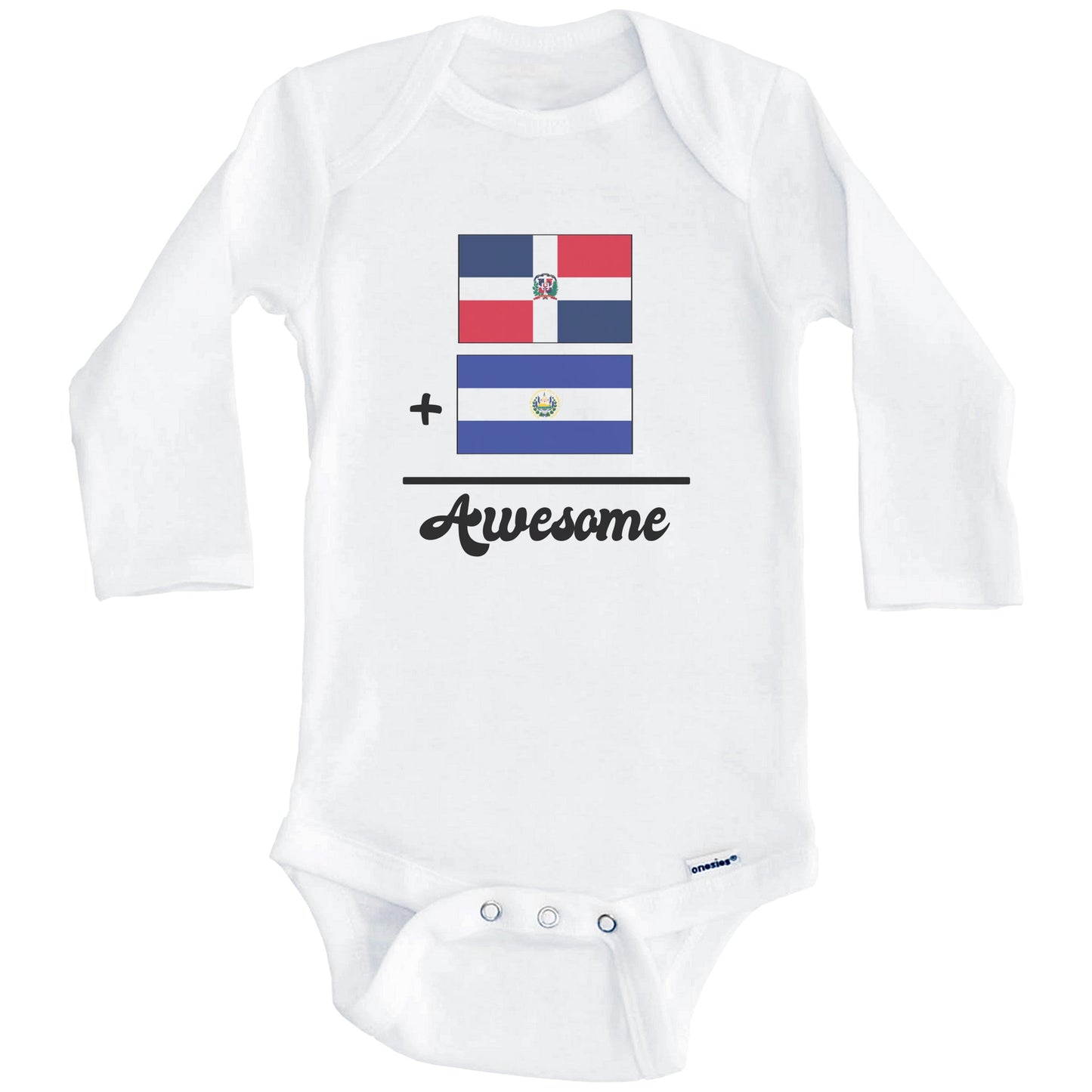 Dominican Republic Plus El Salvador Equals Awesome Cute Dominican Salvadorian Flags One Piece Baby Bodysuit (Long Sleeves)