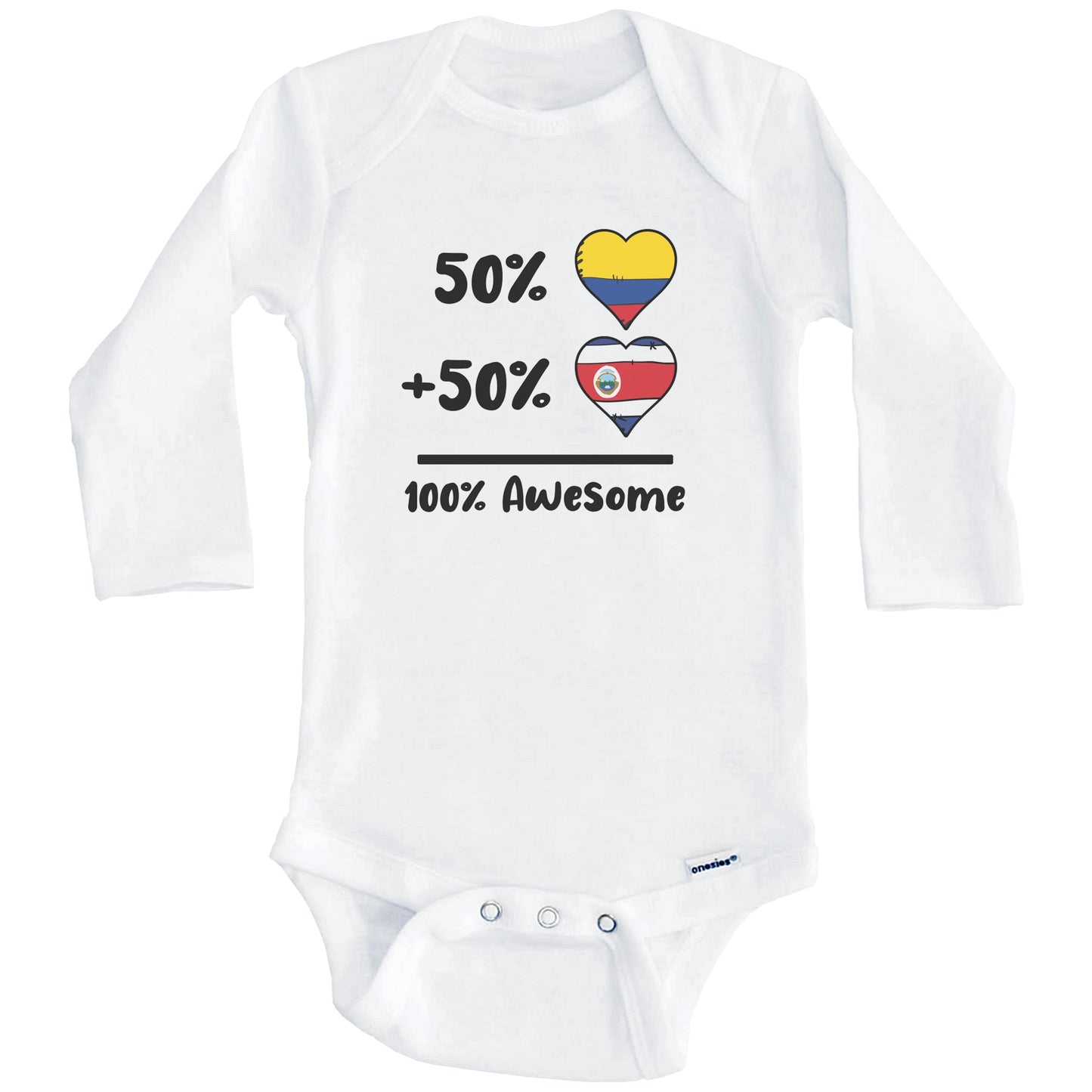 50% Colombian Plus 50% Costa Rican 100% Awesome Colombia Costa Rica Heart Flags Baby Bodysuit (Long Sleeves)