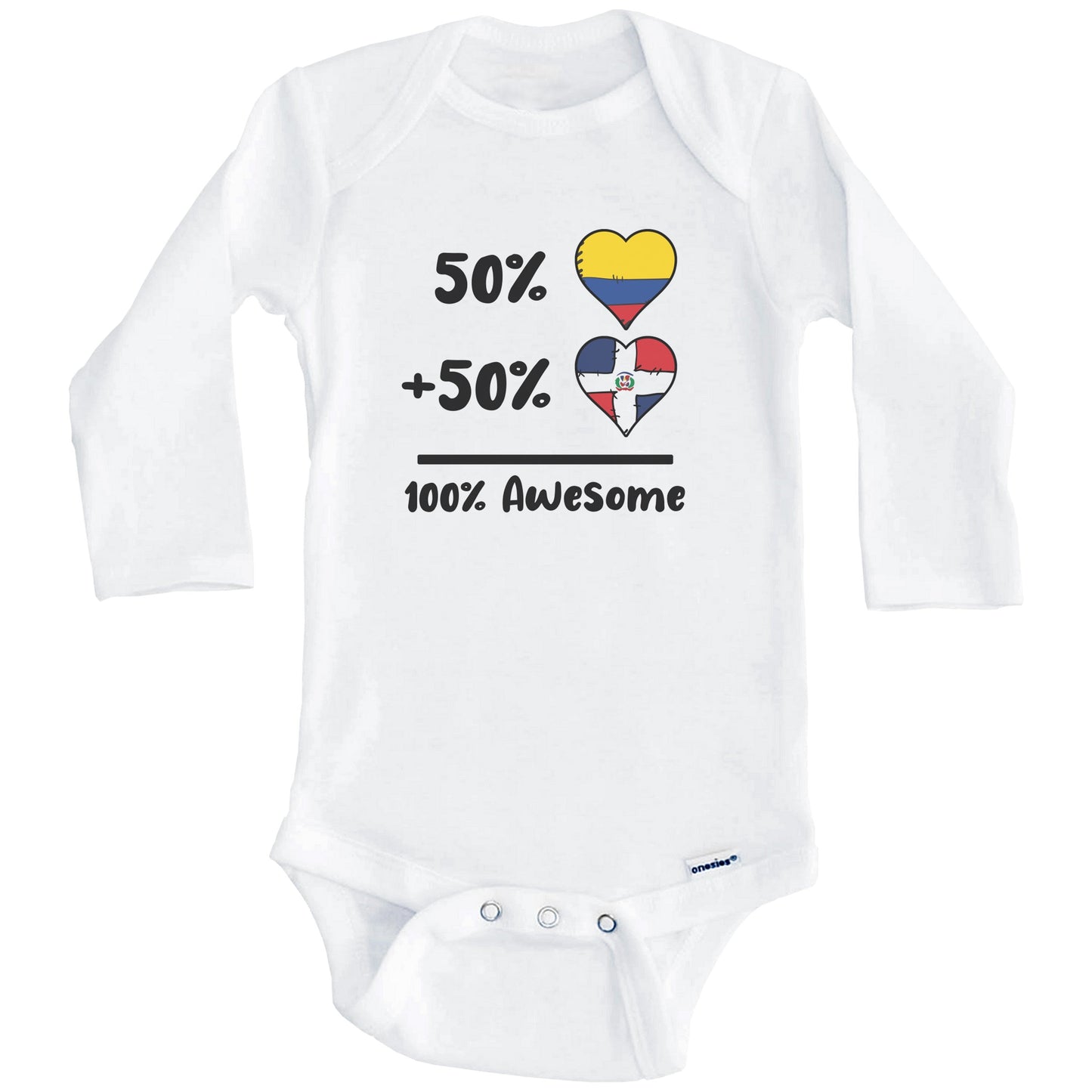 50% Colombian Plus 50% Dominican 100% Awesome Colombia Dominican Republic Heart Flags Baby Bodysuit (Long Sleeves)