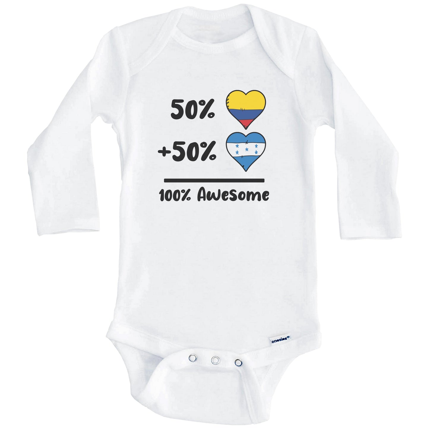 50% Colombian Plus 50% Honduran 100% Awesome Colombia Honduras Heart Flags Baby Bodysuit (Long Sleeves)