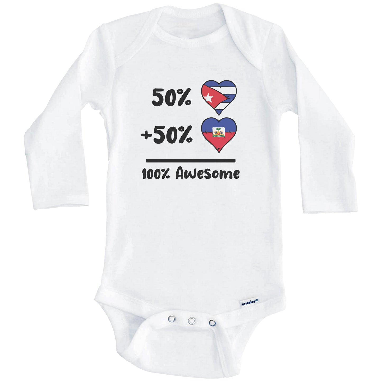 50% Cuban Plus 50% Haitian 100% Awesome Cuba Haiti Heart Flags Baby Bodysuit (Long Sleeves)