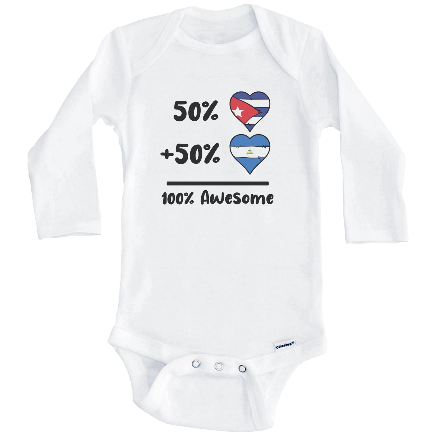 50% Cuban Plus 50% Nicaraguan 100% Awesome Cuba Nicaragua Heart Flags Baby Bodysuit (Long Sleeves)