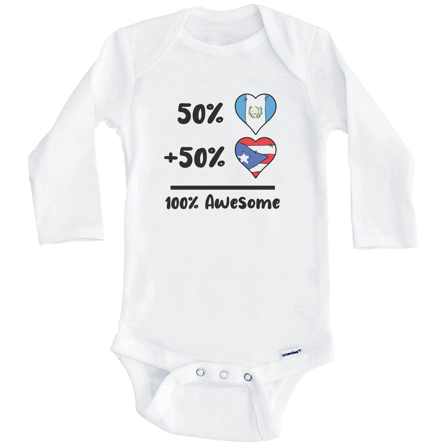 50% Guatemalan Plus 50% Puerto Rican 100% Awesome Guatemala Puerto Rico Heart Flags Baby Bodysuit (Long Sleeves)