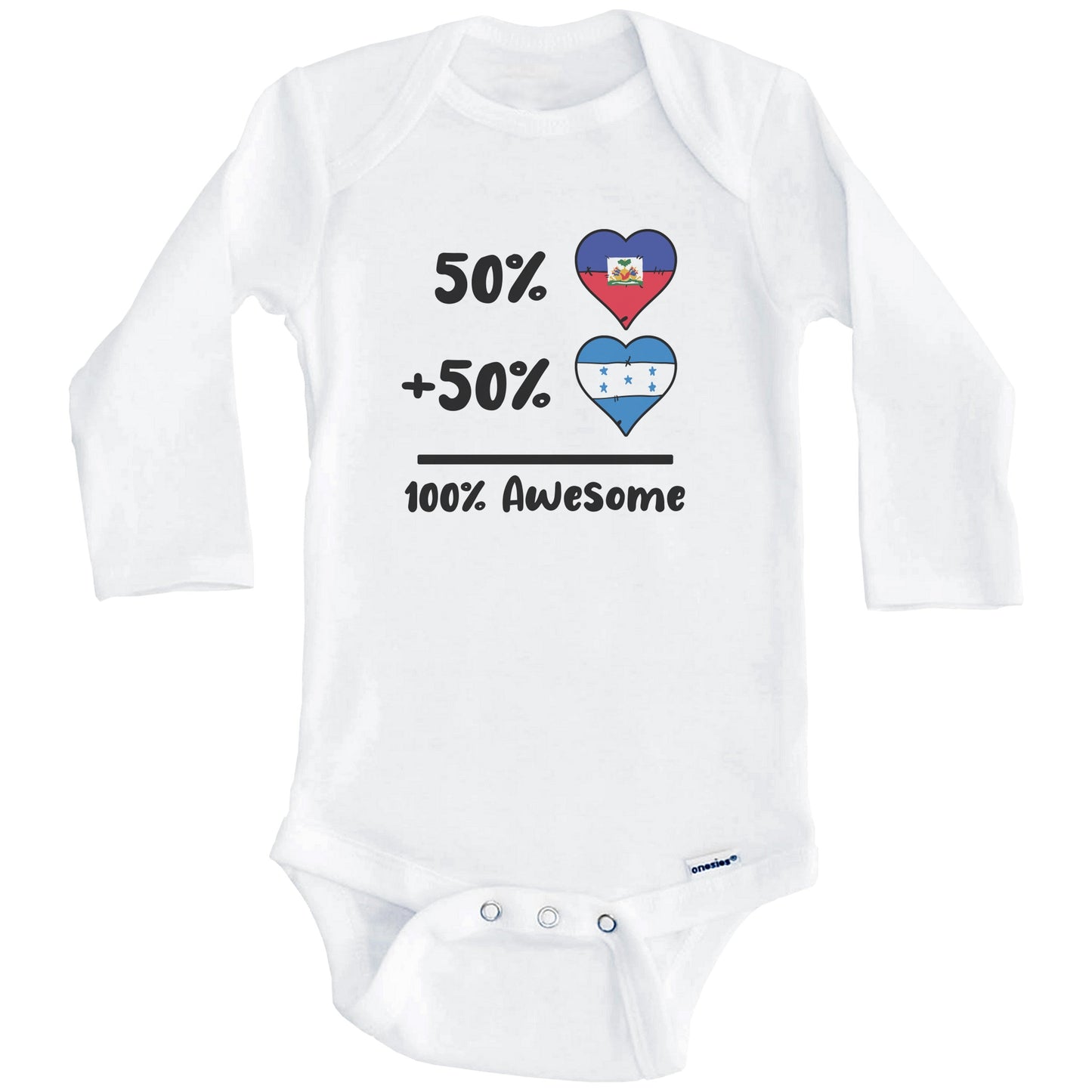 50% Haitian Plus 50% Honduran 100% Awesome Haiti Honduras Heart Flags Baby Bodysuit (Long Sleeves)