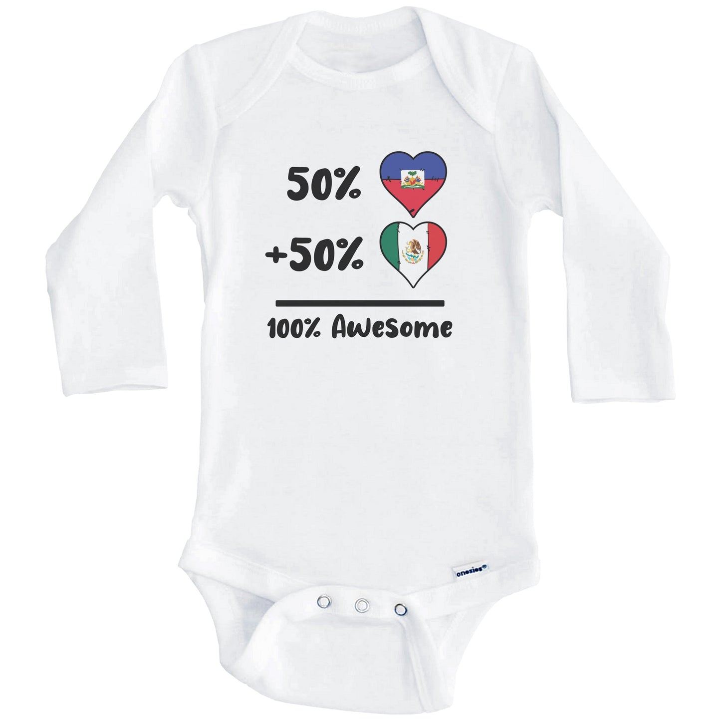 50% Haitian Plus 50% Mexican 100% Awesome Haiti Mexico Heart Flags Baby Bodysuit (Long Sleeves)