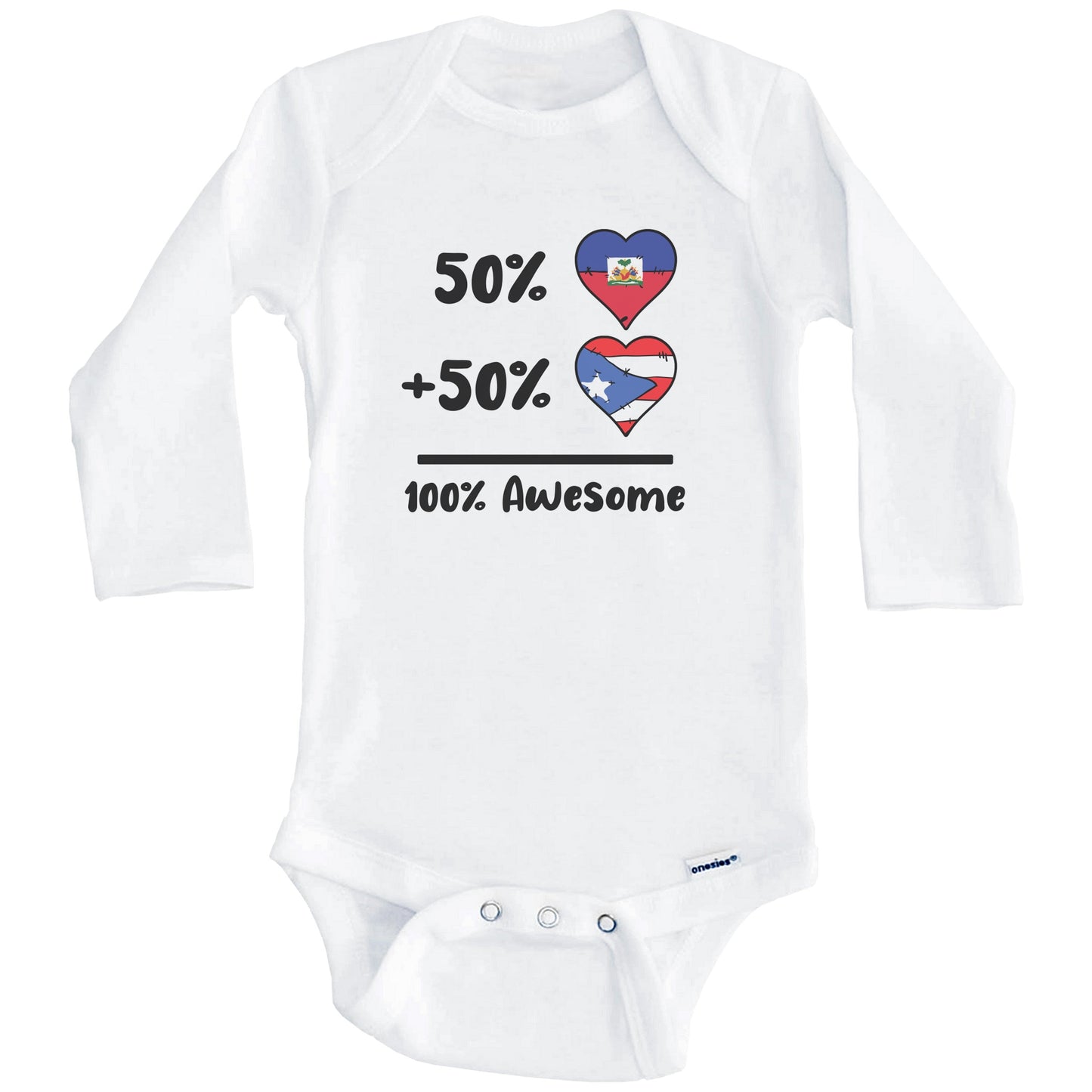 50% Haitian Plus 50% Puerto Rican 100% Awesome Haiti Puerto Rico Heart Flags Baby Bodysuit (Long Sleeves)