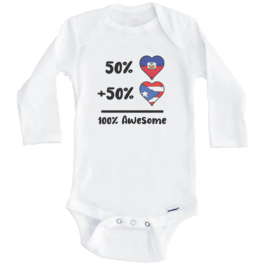 50% Haitian Plus 50% Puerto Rican 100% Awesome Haiti Puerto Rico Heart Flags Baby Bodysuit (Long Sleeves)