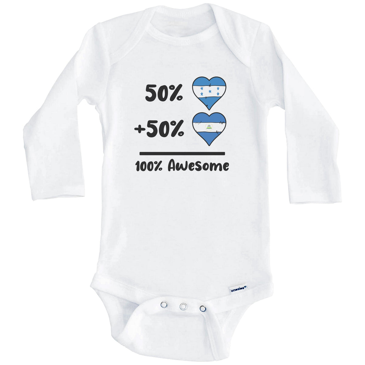 50% Honduran Plus 50% Nicaraguan 100% Awesome Honduras Nicaragua Heart Flags Baby Bodysuit (Long Sleeves)