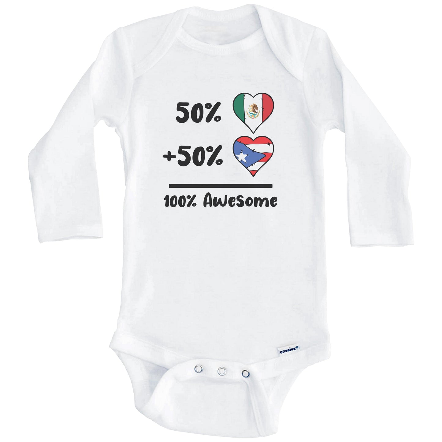 50% Mexican Plus 50% Puerto Rican 100% Awesome Mexico Puerto Rico Heart Flags Baby Bodysuit (Long Sleeves)