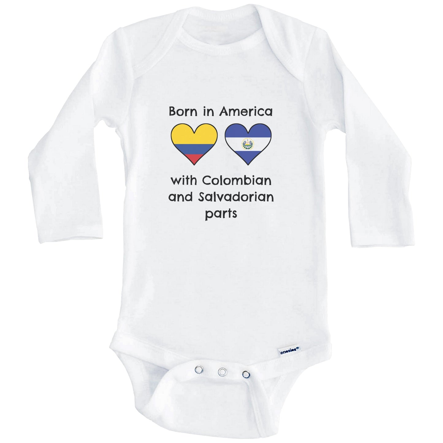 Born In America With Colombian and Salvadorian Parts Funny Colombia El Salvador Flags One Piece Baby Bodysuit (Long Sleeves)