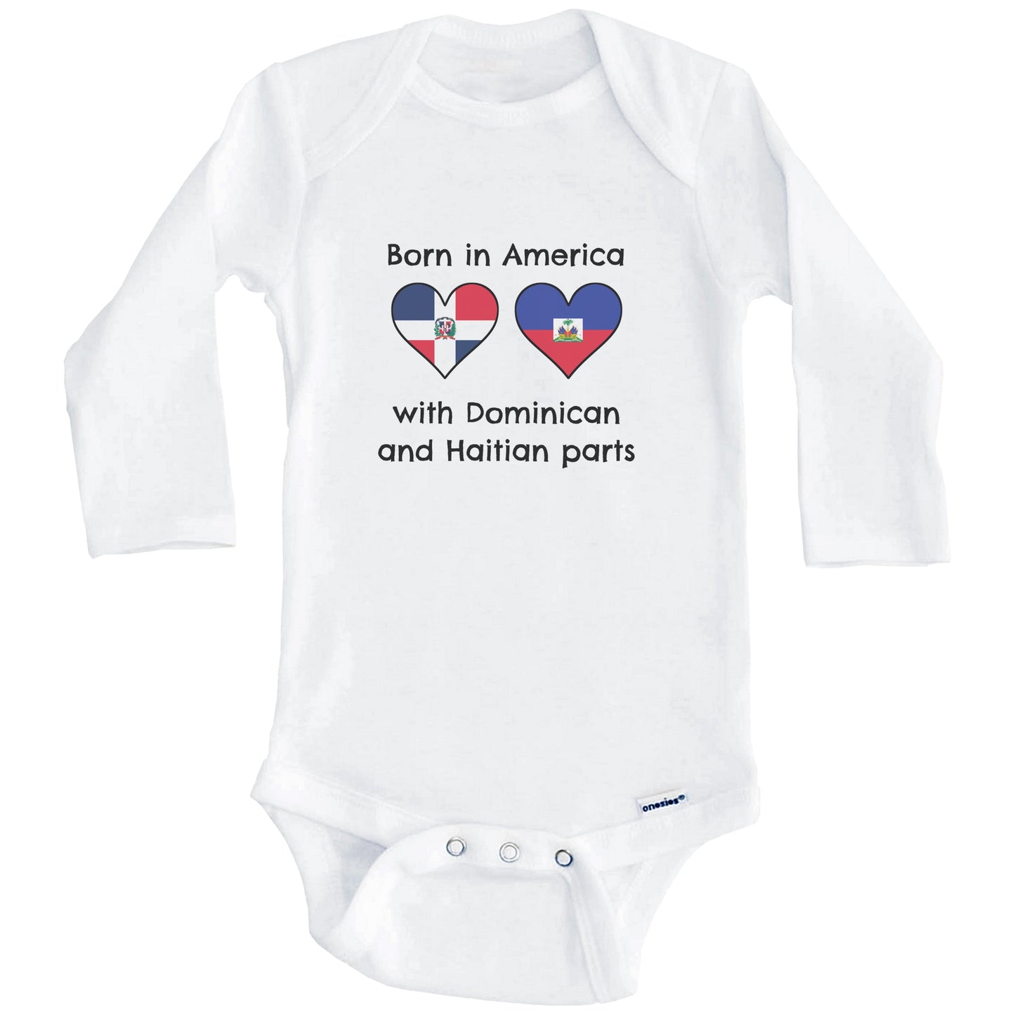 Born In America With Dominican and Haitian Parts Funny Dominican Republic Haiti Flags One Piece Baby Bodysuit (Long Sleeves)
