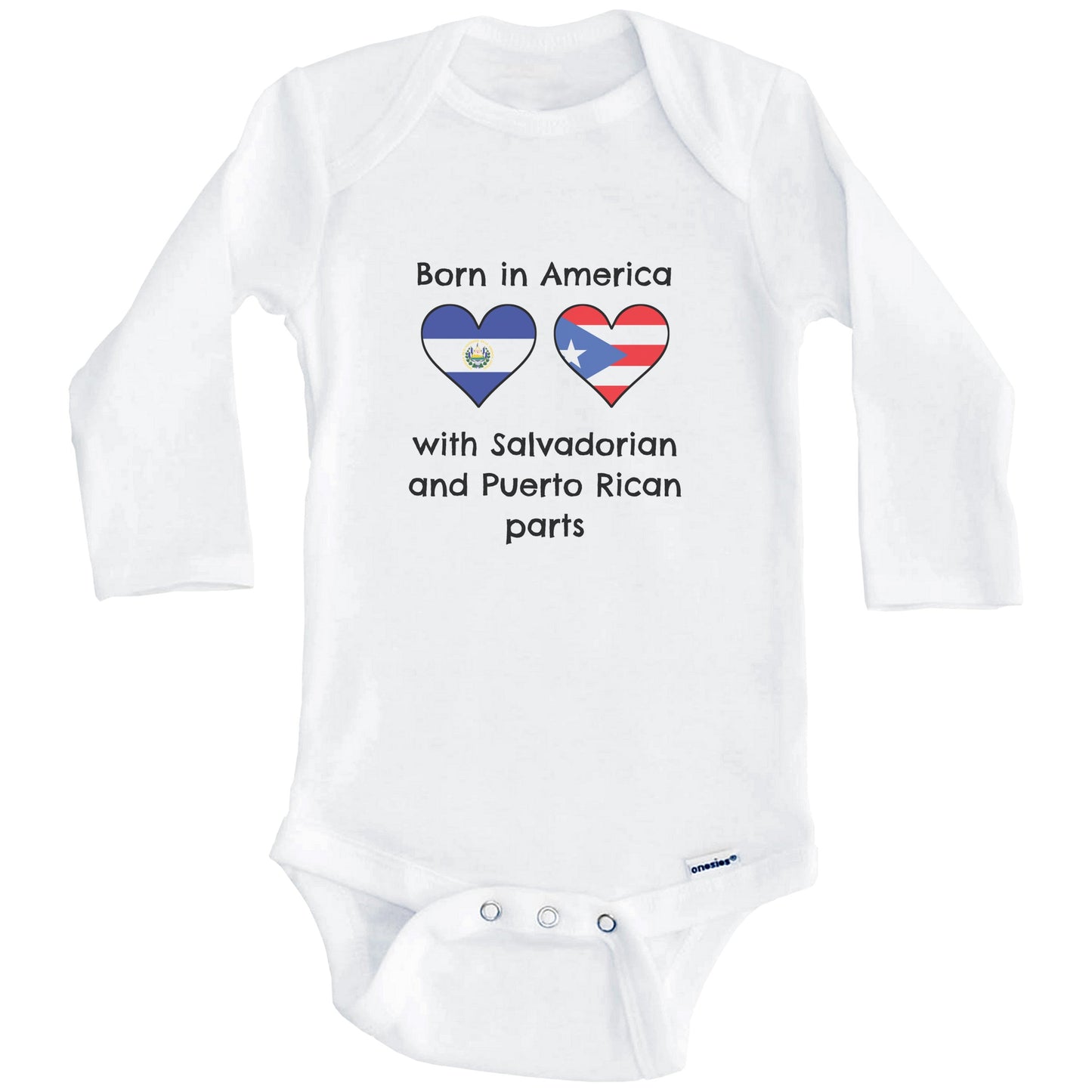 Born In America With Salvadorian and Puerto Rican Parts Funny El Salvador Puerto Rico Flags One Piece Baby Bodysuit (Long Sleeves)