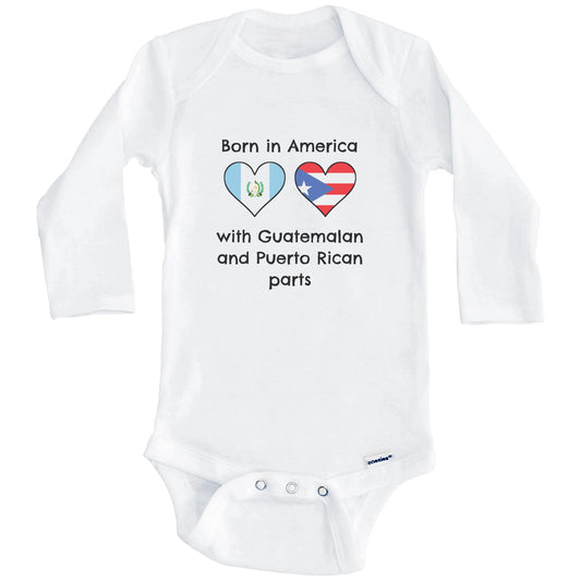 Born In America With Guatemalan and Puerto Rican Parts Funny Guatemala Puerto Rico Flags One Piece Baby Bodysuit (Long Sleeves)