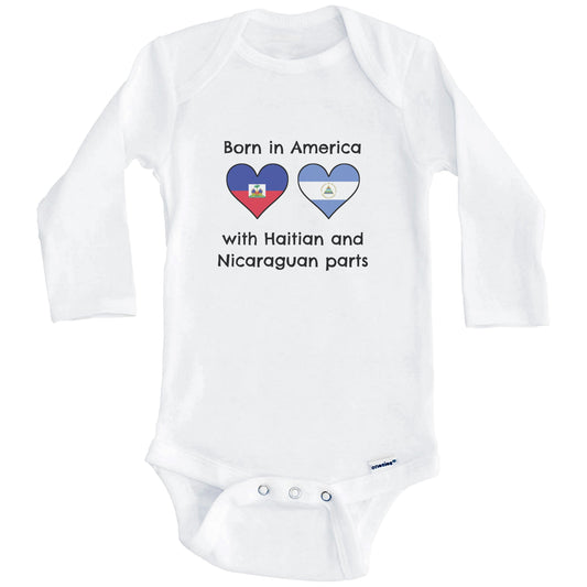 Born In America With Haitian and Nicaraguan Parts Funny Haiti Nicaragua Flags One Piece Baby Bodysuit (Long Sleeves)
