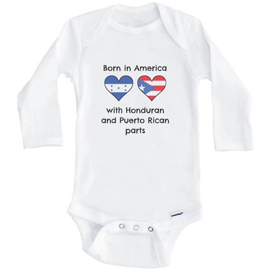 Born In America With Honduran and Puerto Rican Parts Funny Honduras Puerto Rico Flags One Piece Baby Bodysuit (Long Sleeves)