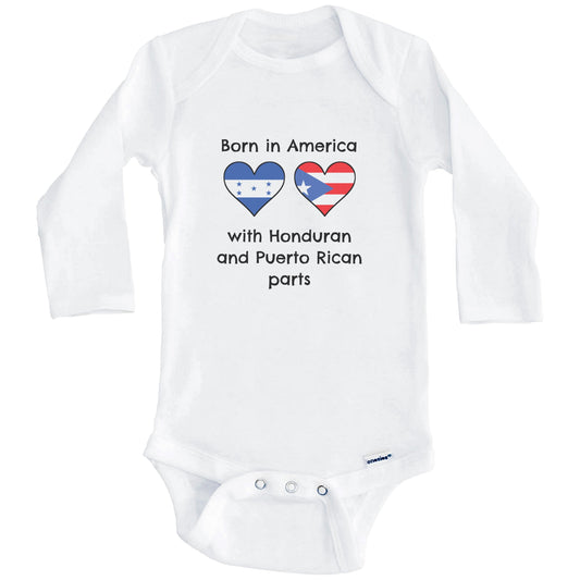 Born In America With Honduran and Puerto Rican Parts Funny Honduras Puerto Rico Flags One Piece Baby Bodysuit (Long Sleeves)
