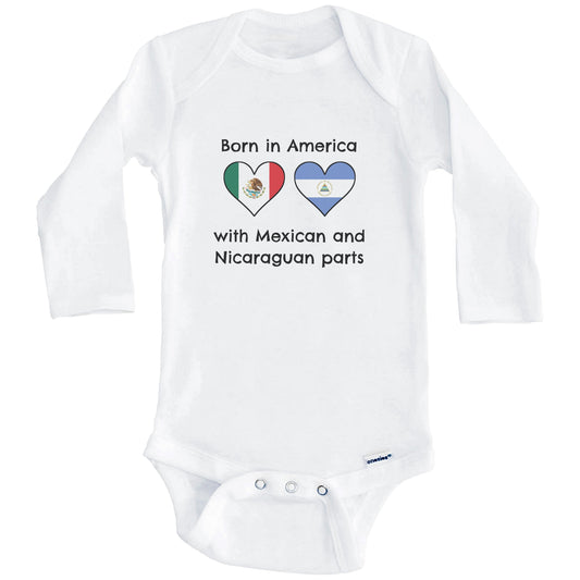 Born In America With Mexican and Nicaraguan Parts Funny Mexico Nicaragua Flags One Piece Baby Bodysuit (Long Sleeves)
