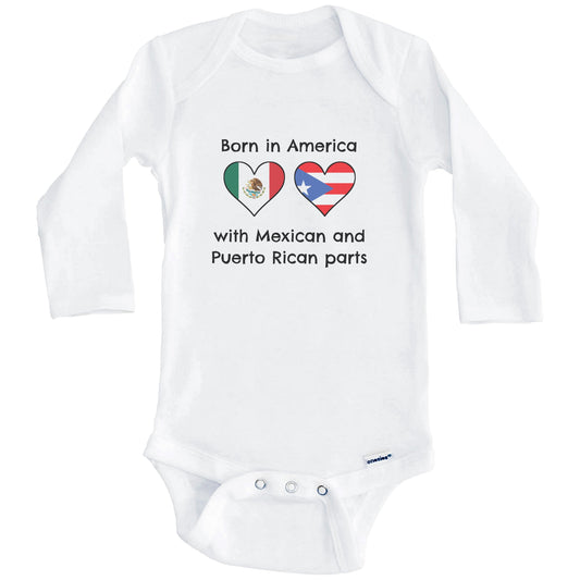 Born In America With Mexican and Puerto Rican Parts Funny Mexico Puerto Rico Flags One Piece Baby Bodysuit (Long Sleeves)