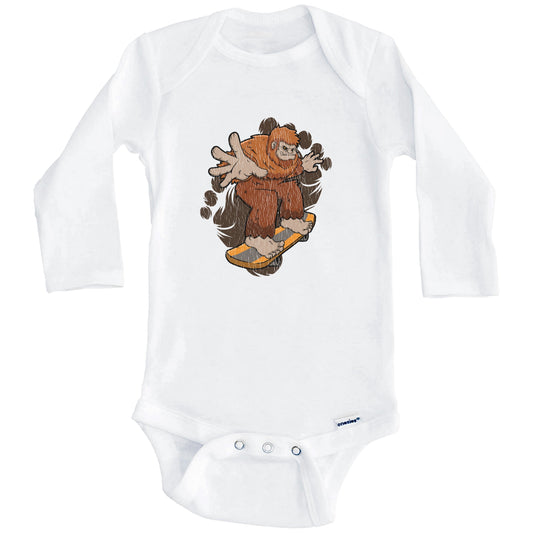 Bigfoot Skateboarding Baby Bodysuit - Sasquatch Riding Skateboard One Piece Baby Bodysuit (Long Sleeves)
