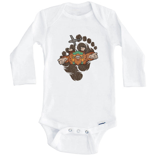 Bigfoot Skydiving Baby Bodysuit - Sasquatch Jumping From Air Plane One Piece Baby Bodysuit (Long Sleeves)