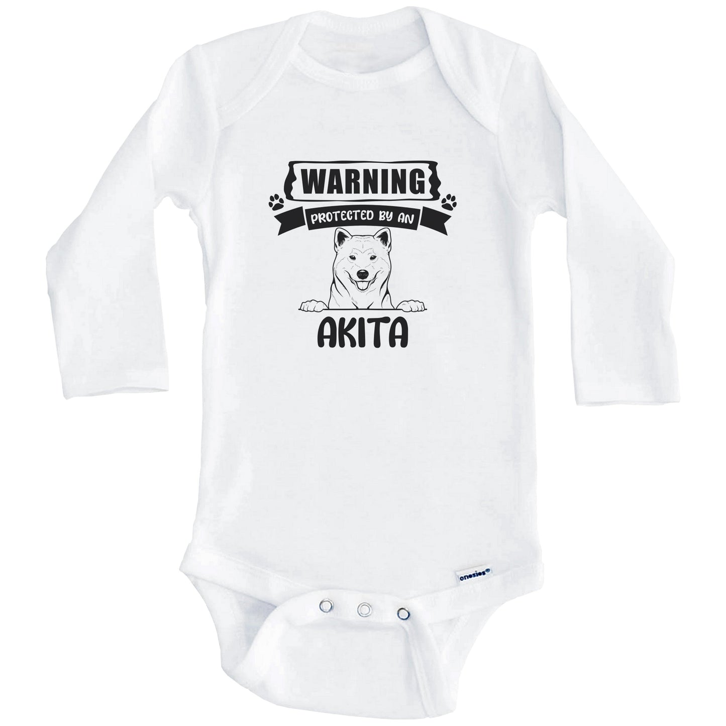 Warning Protected By An Akita Funny Cute Dog Breed Baby Bodysuit (Long Sleeves)