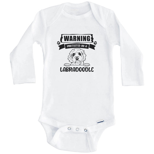 Warning Protected By A Labradoodle Funny Cute Dog Breed Baby Bodysuit (Long Sleeves)