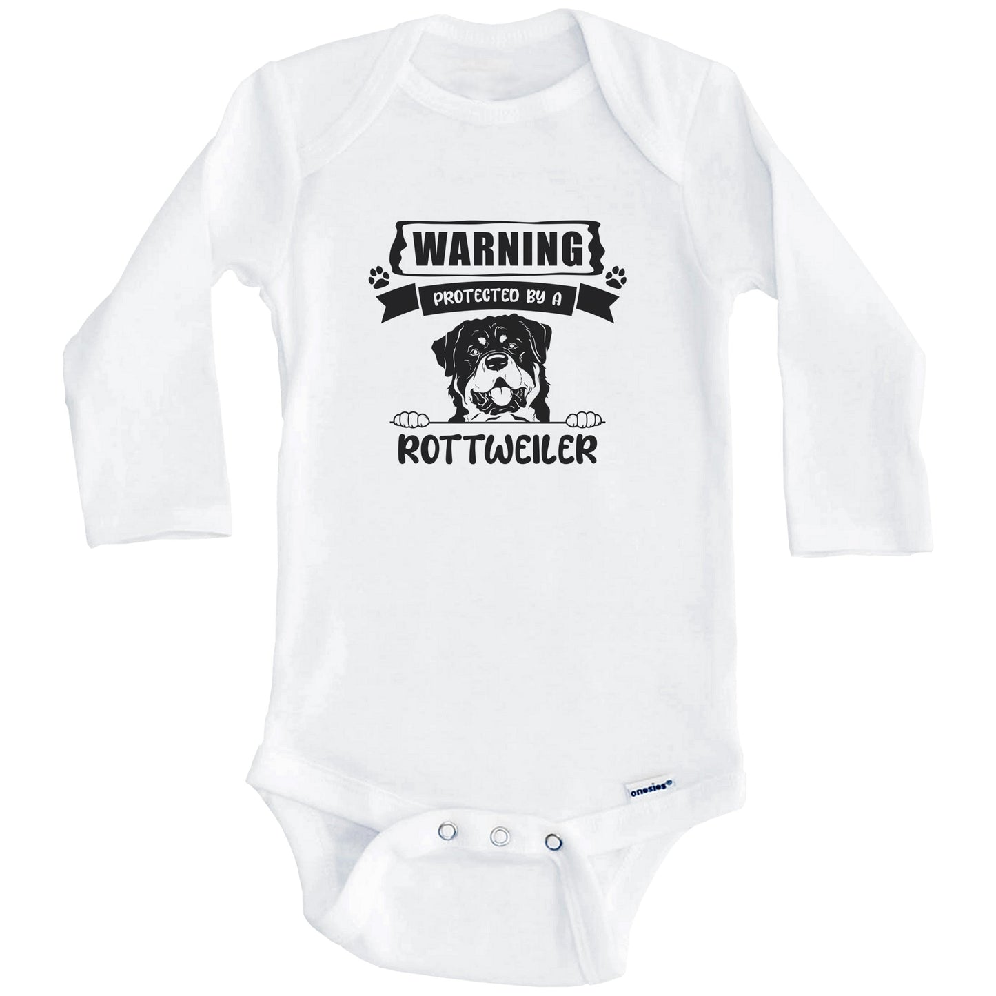 Warning Protected By A Rottweiler Funny Cute Dog Breed Baby Bodysuit (Long Sleeves)