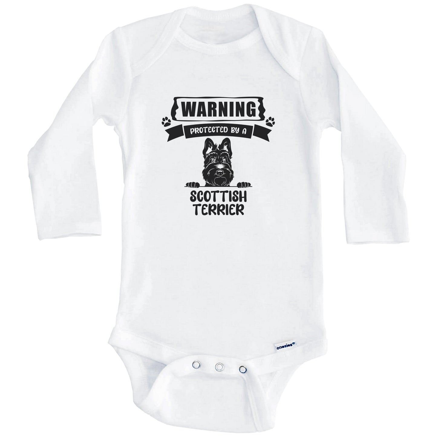 Warning Protected By A Scottish Terrier Funny Cute Dog Breed Baby Bodysuit (Long Sleeves)