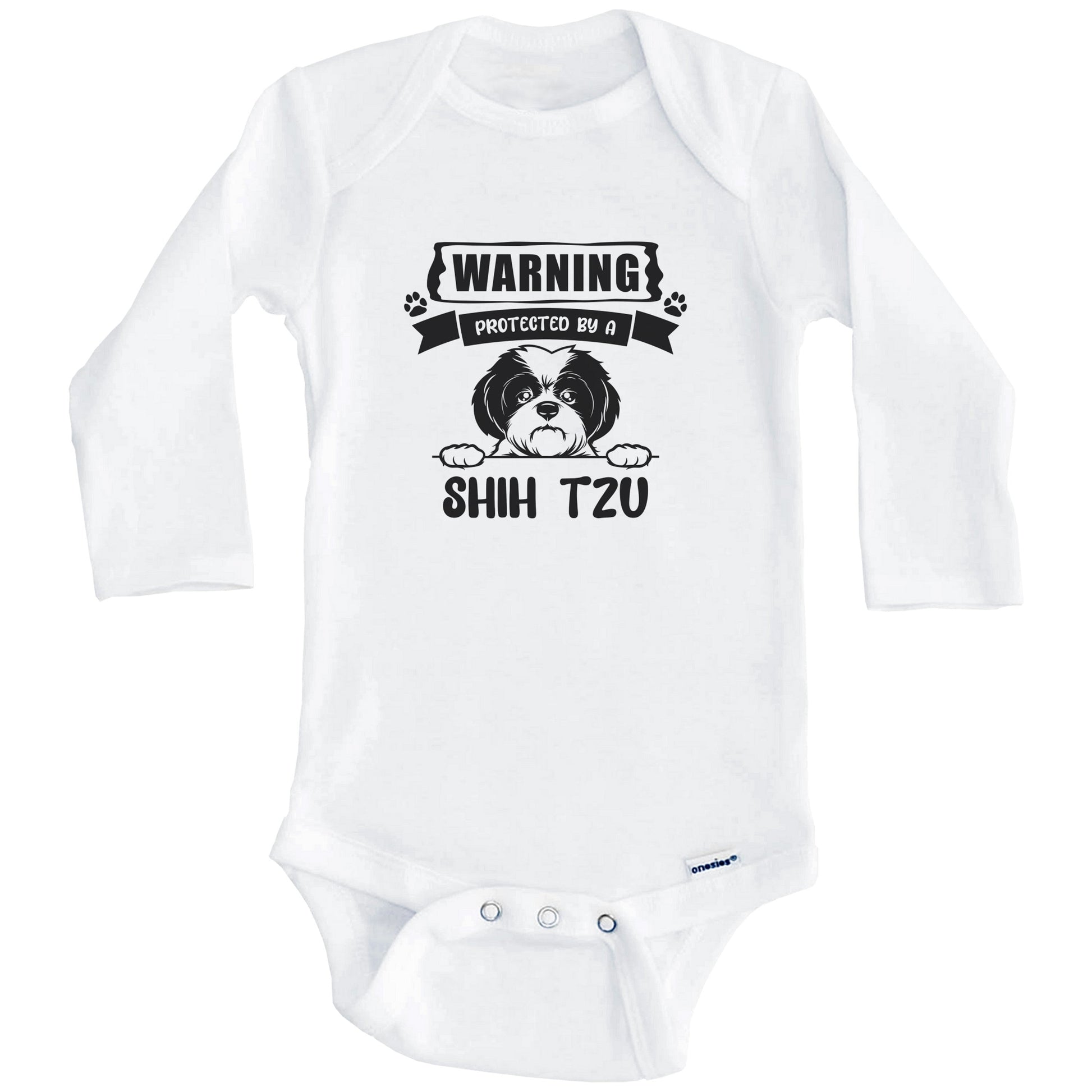 Warning Protected By A Shih Tzu Funny Cute Dog Breed Baby Bodysuit (Long Sleeves)