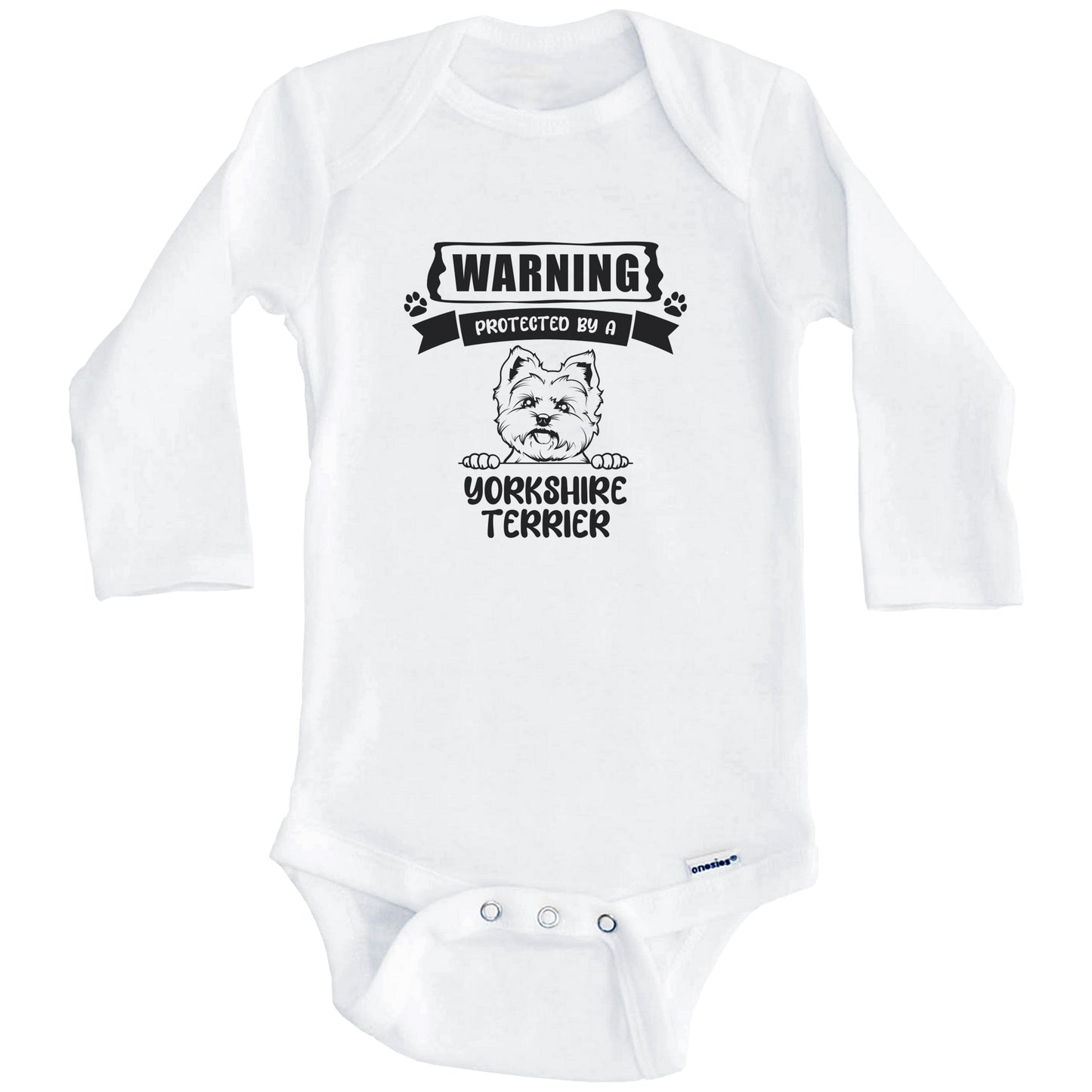 Warning Protected By A Yorkshire Terrier Funny Cute Dog Breed Baby Bodysuit (Long Sleeves)