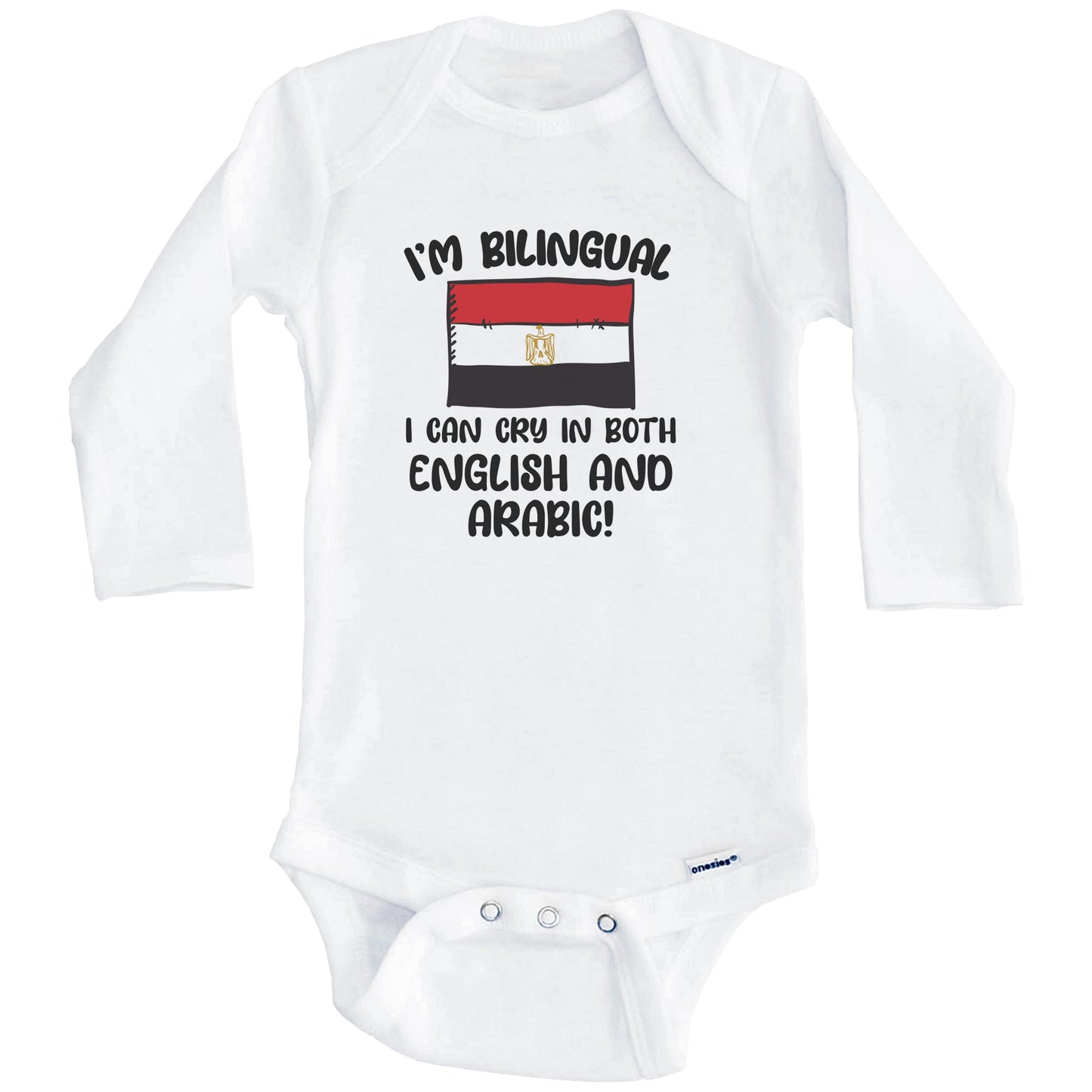 I'm Bilingual I Can Cry In Both English And Arabic Funny Egyptian Flag Baby Bodysuit (Long Sleeves)