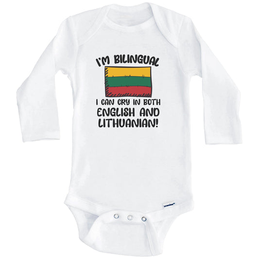 I'm Bilingual I Can Cry In Both English And Lithuanian Funny Lithuanian Flag Baby Bodysuit (Long Sleeves)