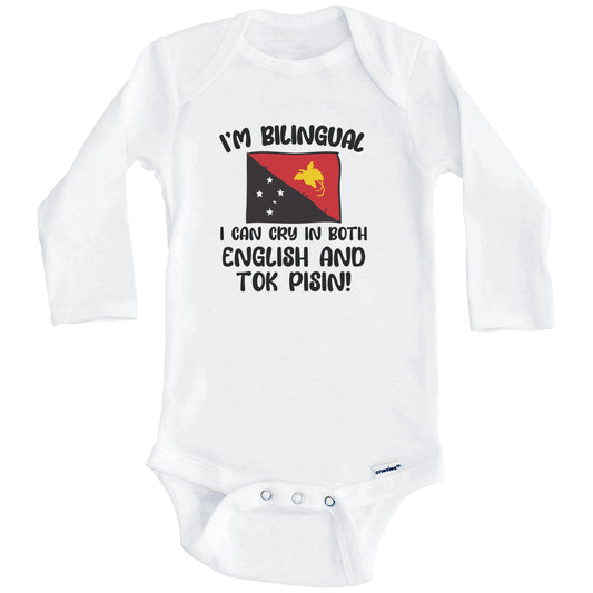 I'm Bilingual I Can Cry In Both English And Tok Pisin Funny Papuan Flag Baby Bodysuit (Long Sleeves)