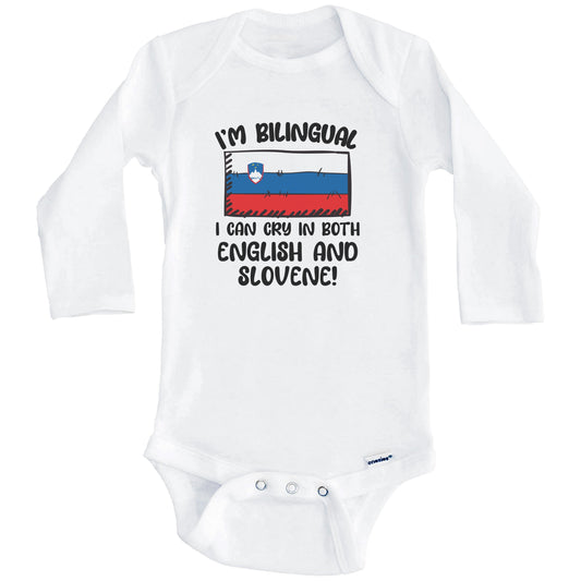 I'm Bilingual I Can Cry In Both English And Slovene Funny Slovenian Flag Baby Bodysuit (Long Sleeves)