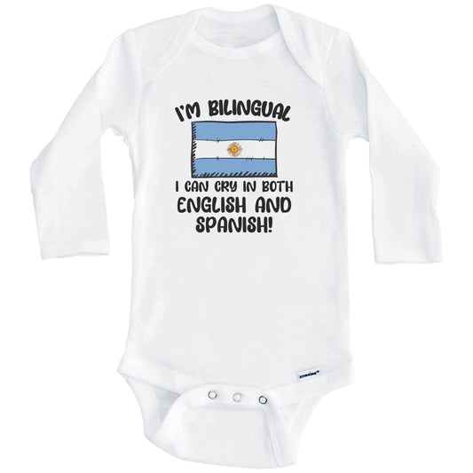 I'm Bilingual I Can Cry In Both English And Spanish Funny Argentinian Flag Baby Bodysuit (Long Sleeves)