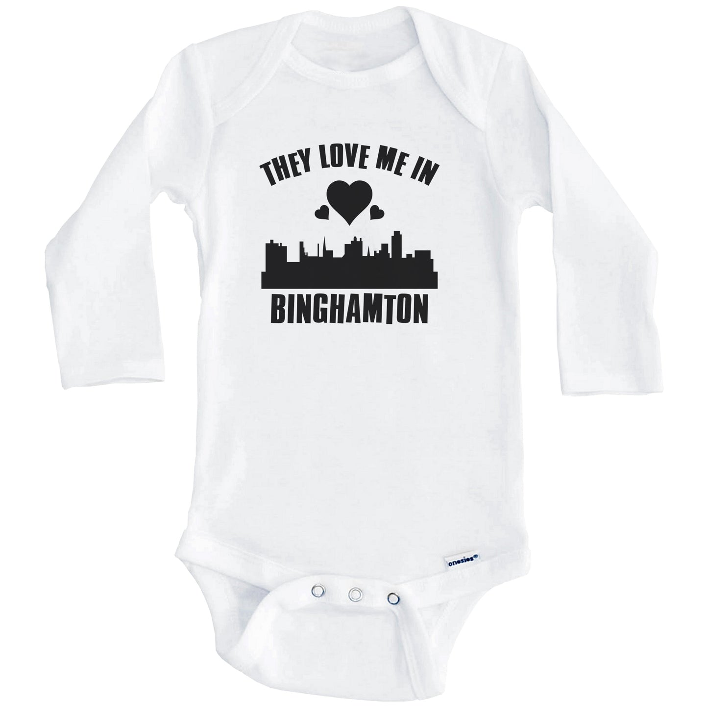 They Love Me In Binghamton New York Hearts Skyline One Piece Baby Bodysuit (Long Sleeves)