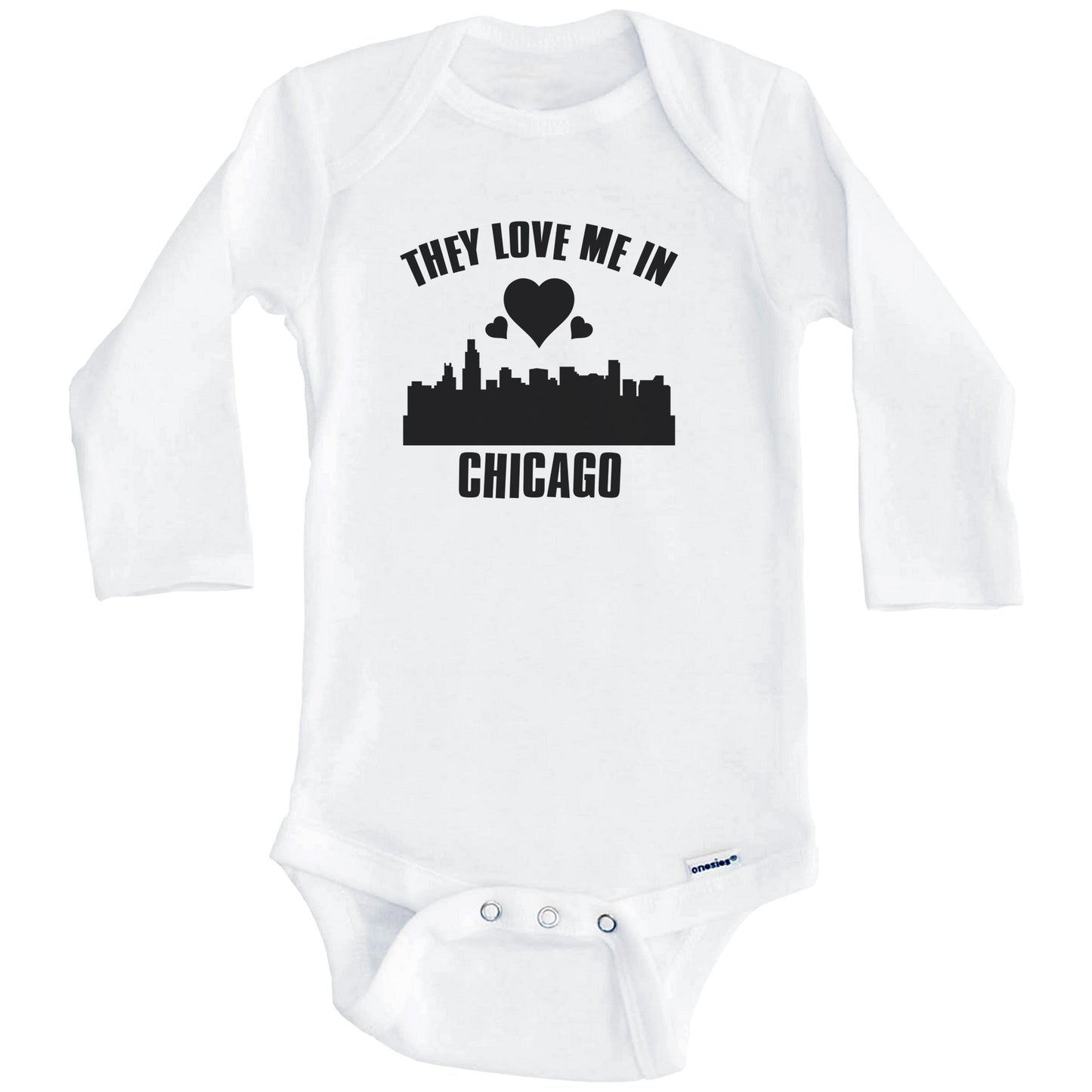 They Love Me In Chicago Illinois Hearts Skyline One Piece Baby Bodysuit (Long Sleeves)