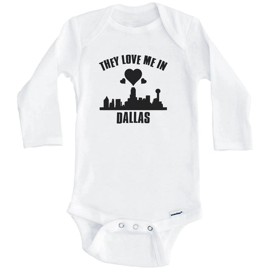 They Love Me In Dallas Texas Hearts Skyline One Piece Baby Bodysuit (Long Sleeves)