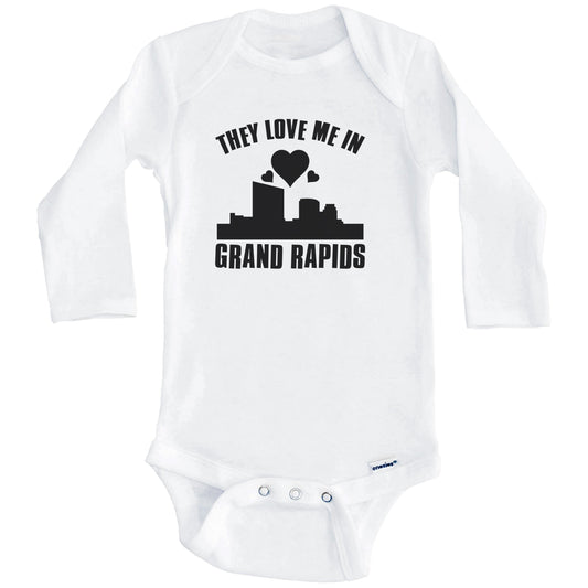 They Love Me In Grand Rapids Michigan Hearts Skyline One Piece Baby Bodysuit (Long Sleeves)
